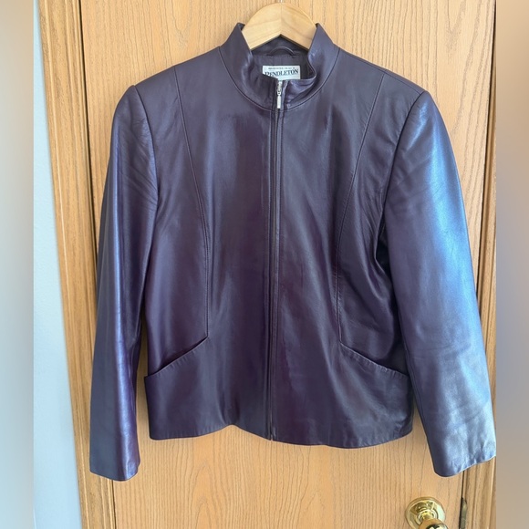 Pendleton Jackets & Blazers - PENDLETON Plum Purple Moto Zipper Front High Collar 100% Leather Jacket Size S